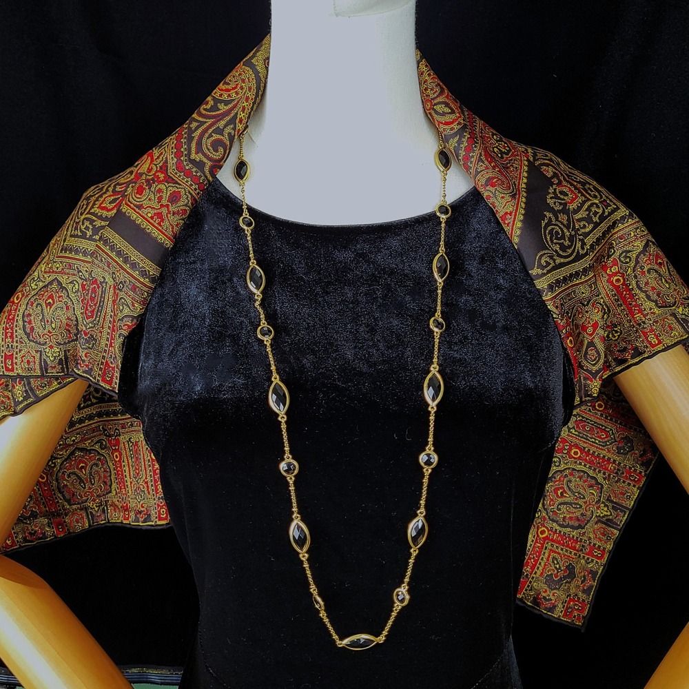 Vintage Monet Black Faceted Glass Station Necklace Gold Tone Long Chain 36" Rope - Picture 3 of 7